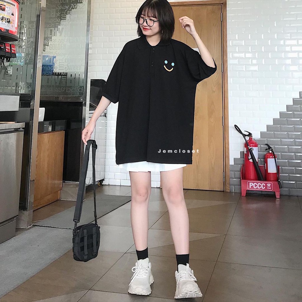 Áo Polo Nữ Tay Lỡ JEM CLOSET Thiết Kế Basic In Họa Tiết Mặt Cười Áo Thun Nữ Form Rộng APP 2 Màu Đen Trắng Siêu Cute10039