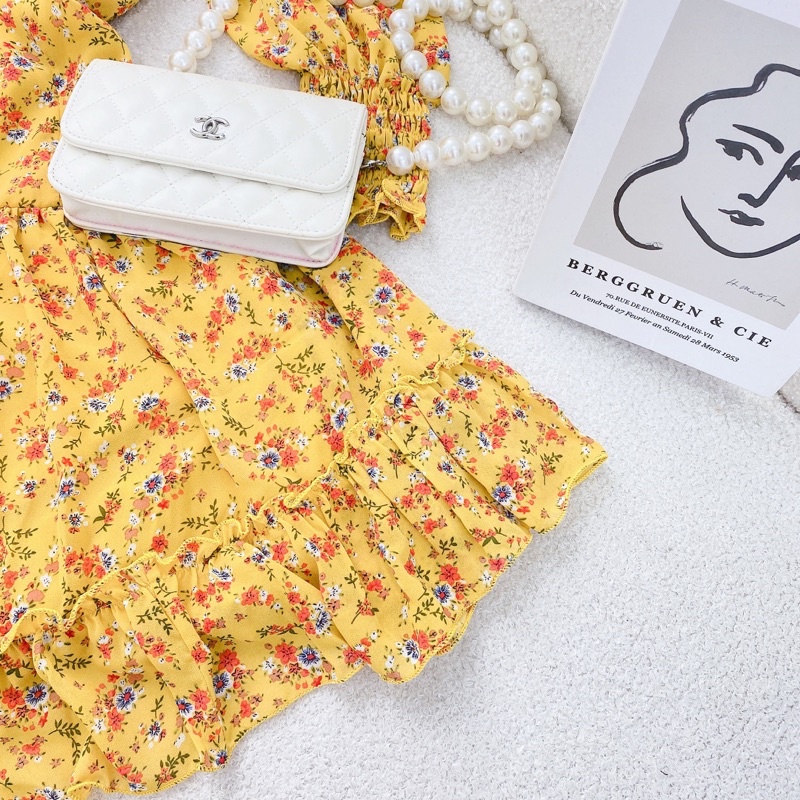 ĐẦM HOA CÚP NGỰC TAY DÀI BO XOÈ