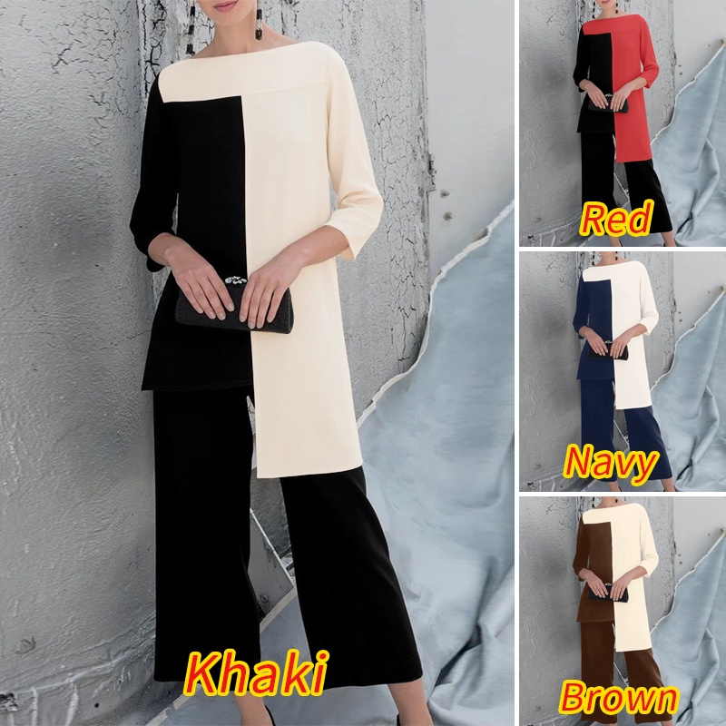 Set đồ bộ Zanzea dài tay cổ tròn màu sắc tương phản thời trang cho nữ