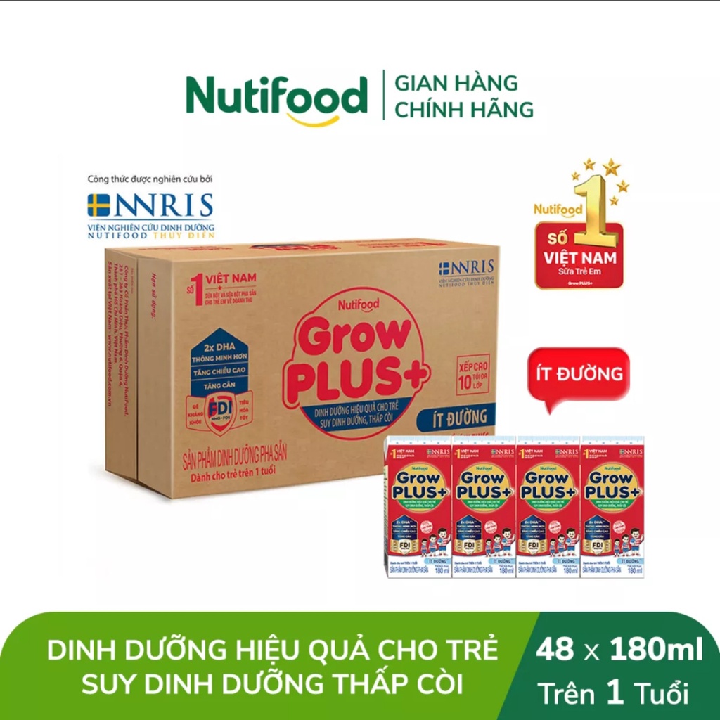 [HSD T9-2022] Thùng 48 Hộp Nutifood GROW PLUS SDD Ít Đường 180ml ĐỎ