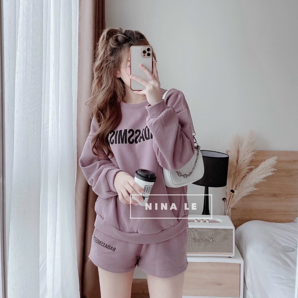 Set Bộ Đi Chơi Nữ Áo Tay Dài Quần Đùi Chất Nỉ Bông Cao Cấp Thời Trang Đỉnh Cao