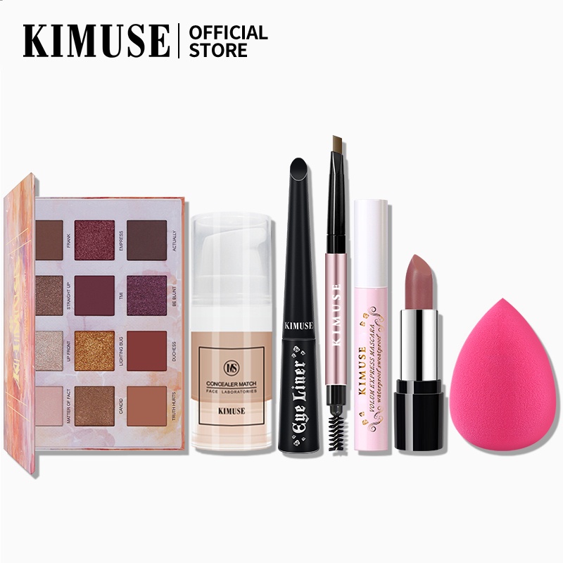 Set mỹ phẩm trang điểm KIMUSE gồm son môi + kẻ mày + bảng mắt 12 màu + mascara + kem nền chất lượng cao