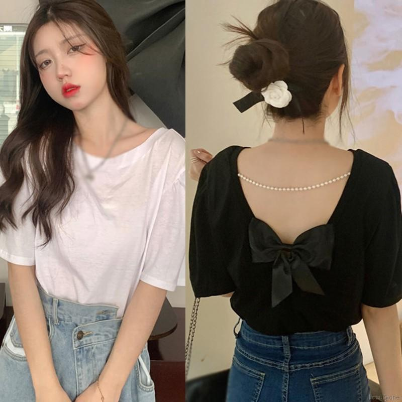 Áo Thun Nữ Tay Ngắn Hở Lưng Màu Trơn Thời Trang Hàn Quốc Gợi Cảm | BigBuy360 - bigbuy360.vn