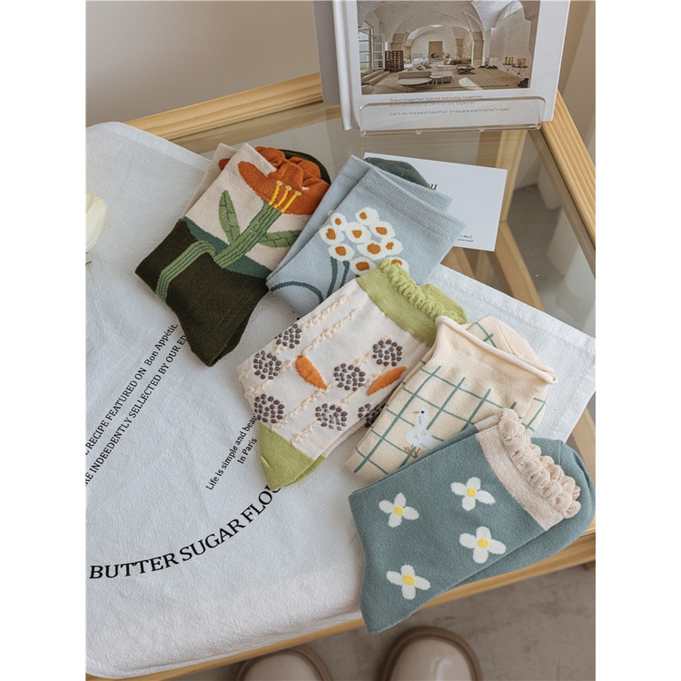 Vớ tất cổ cao ART bông hoa xoăn màu pastel