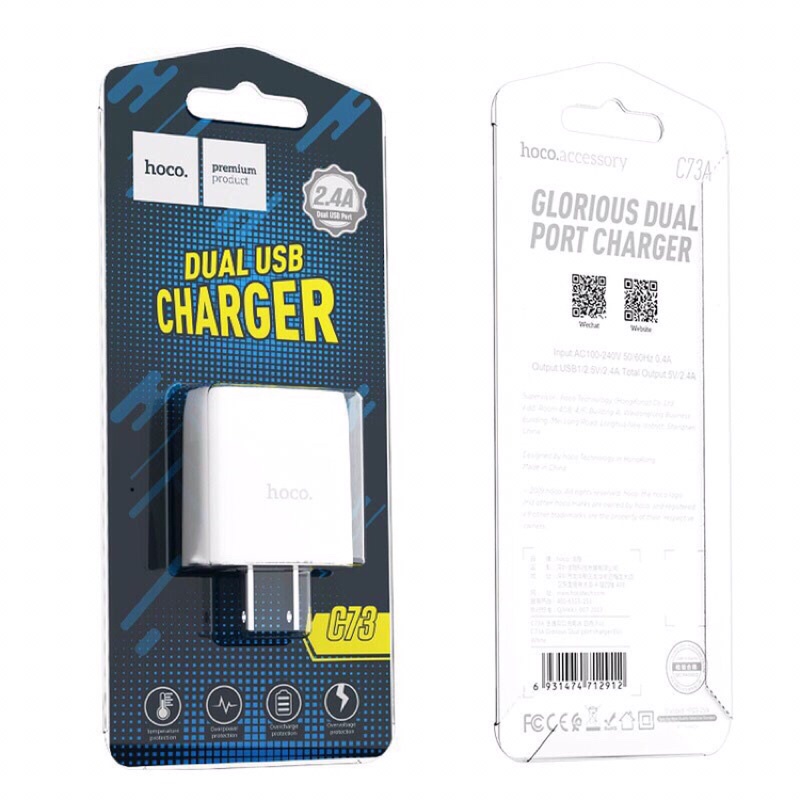 Cốc sạc nhanh iphone/ Củ sạc nhanh Hoco C73 / C73A 2 cổng output USB 2.4A - CHÍNH HÃNG