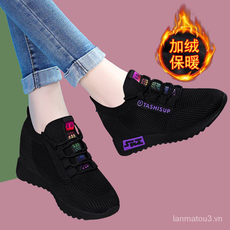 Height Increasing Insole Women's Shoes Spring and Summer2020New Versatile Casual Travel Shoes Platform Black Breathable Sneakers for Women