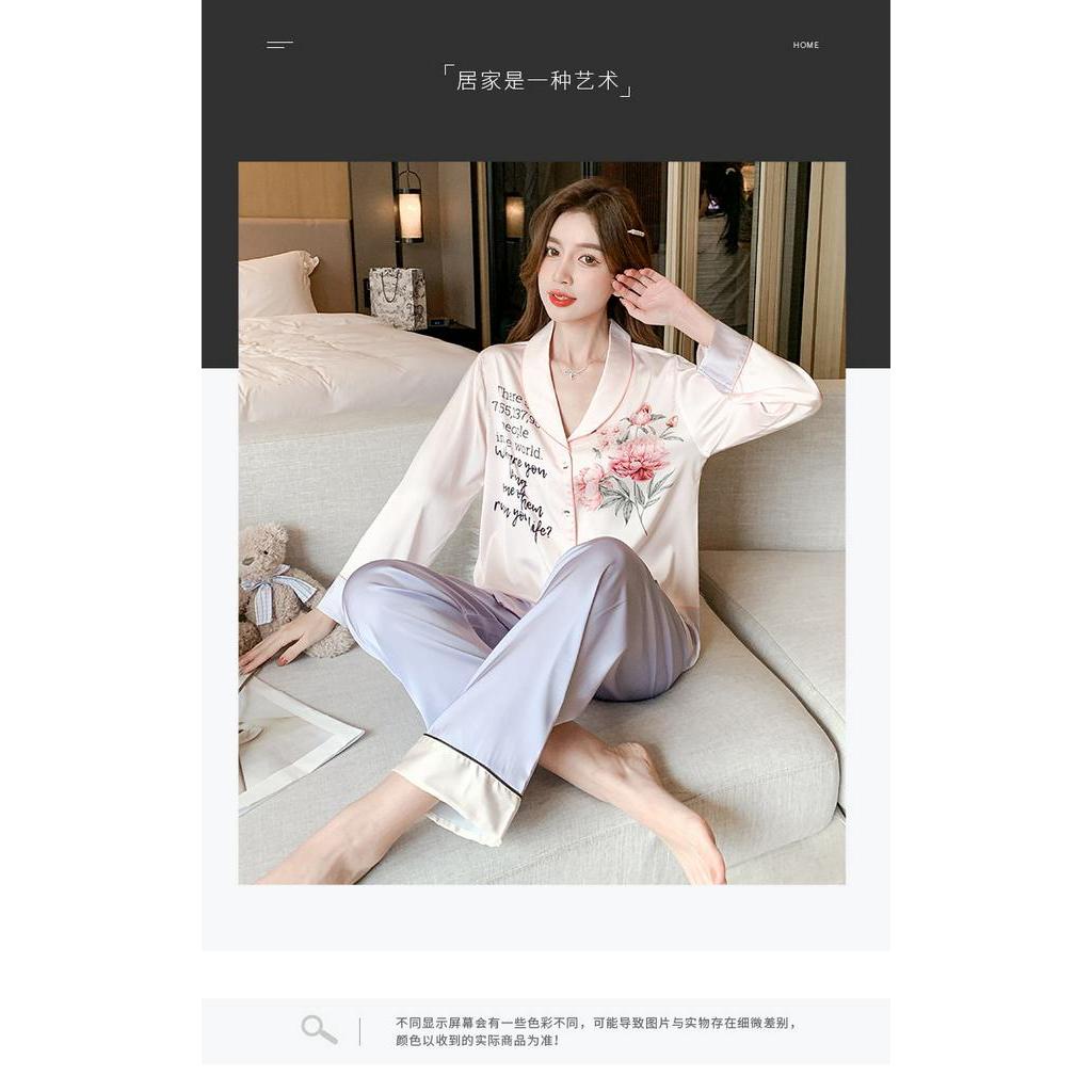 Bộ Đồ Ngủ Dài Tay Bằng Lụa Mát Họa Tiết In Thời Trang Cho Nữ