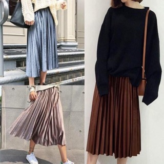 Chân váy maxi xếp ly nhung kèm belt