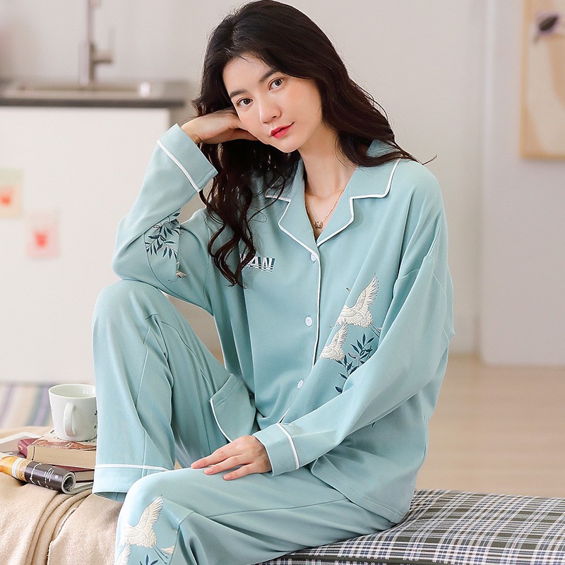 {ẢNH THẬT} Đồ bộ pijama nữ cotton 100 mặc mùa thu đông, tông xanh dịu hiện đại & sang trọng (Full size)