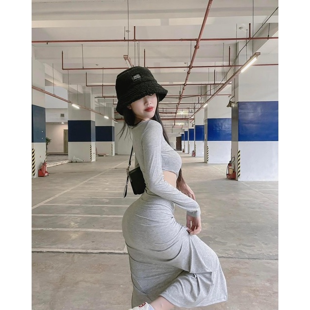 Đầm Body Khoét Eo Xẻ Tà Sexy Tay Dài 3Tone Đô-Xám-Đen #Lyn