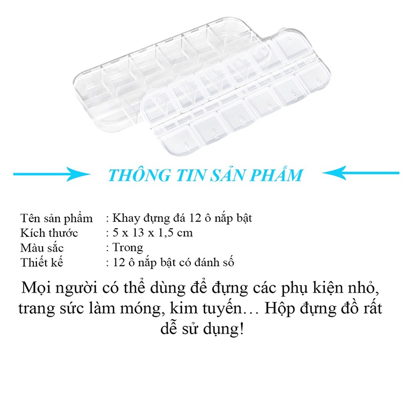 Khay nhựa đựng đá nail 12 ô nắp bật, dụng cụ làm móng nail Jeliva Chính Hãng