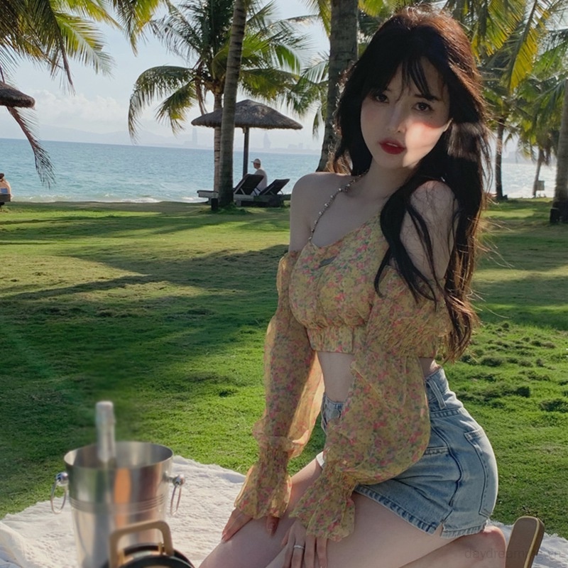 Áo Trễ Vai Dài Tay In Họa Tiết Hoa Thanh Lịch Dành Cho Nữ