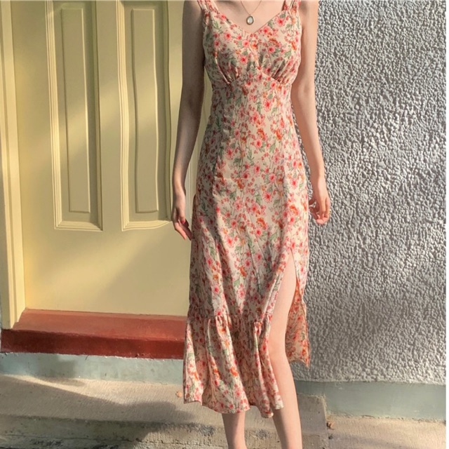 Đầm maxi hoa đuôi cá hai dây xẻ tà (CÓ SẴN)