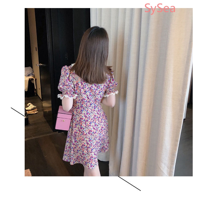 Đầm midi in hoa phối ren phong cách retro mùa hè cho nữ