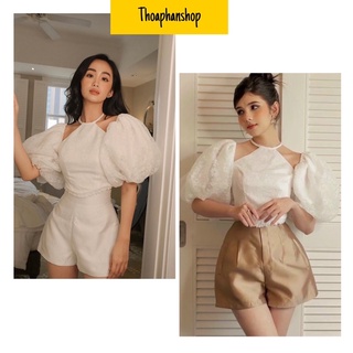 Set áo croptop cổ yếm rớt vai nơ lưng + short
