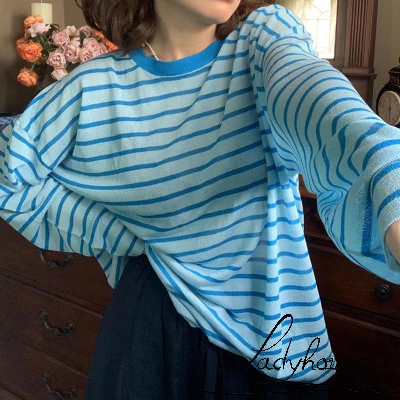 Áo thun tay dài cổ trong dáng rộng họa tiết sọc màu xanh dương/ đen/ hồng/ xanh lá thời trang mùa hè cho nữ