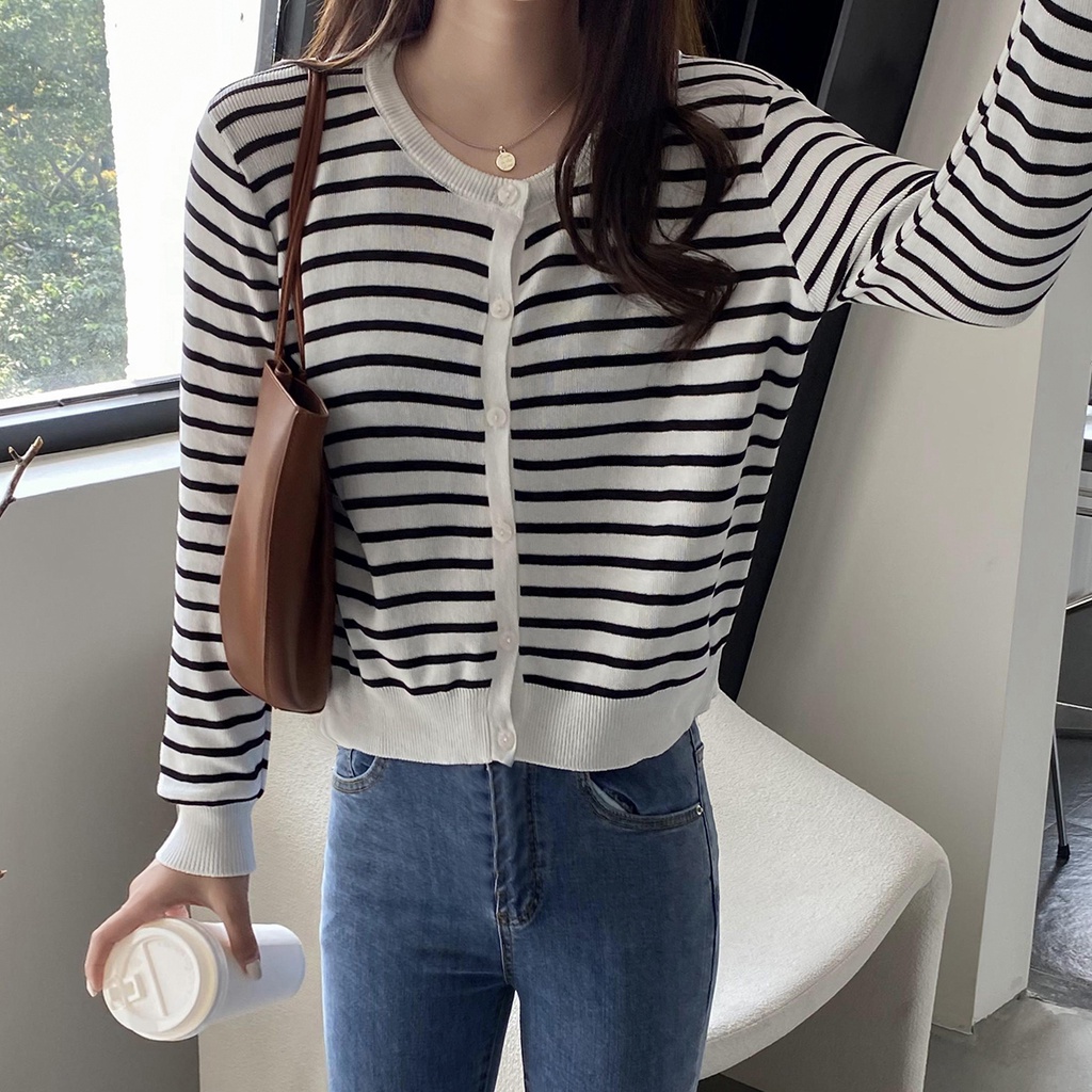 Áo khoác cardigan dệt kim mỏng dáng rộng kẻ sọc phong cách Hàn Quốc
