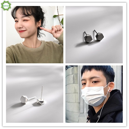 1 cặp bông tai mini màu bạc/đen họa tiết hình học đơn giản cho nam và nữ