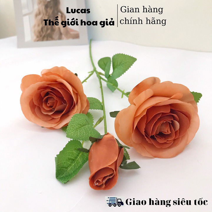 [Giá sỉ] Hoa giả - Hoa Hồng nụ cao Lucas 65cm cành 2 bông 1 nụ trang trí bền, đẹp, giống thật