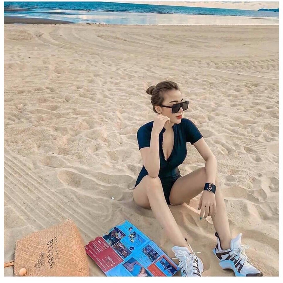 Bộ bikini liền thân dây kéo, đồ bơi 1 mảnh, bodysuit dây khóa kéo áo có tay dáng quần kín đáo EVALU STORE