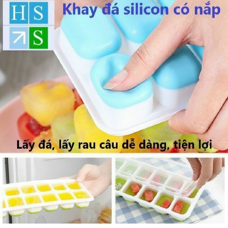 Khay Đá Silicon Có Nắp Đậy 14 Ô Lấy Đá Dễ Dàng, Bảo Quản Đá Viên Sạch Sẽ Tránh Mùi Tủ Lạnh Và Bụi Bẩn