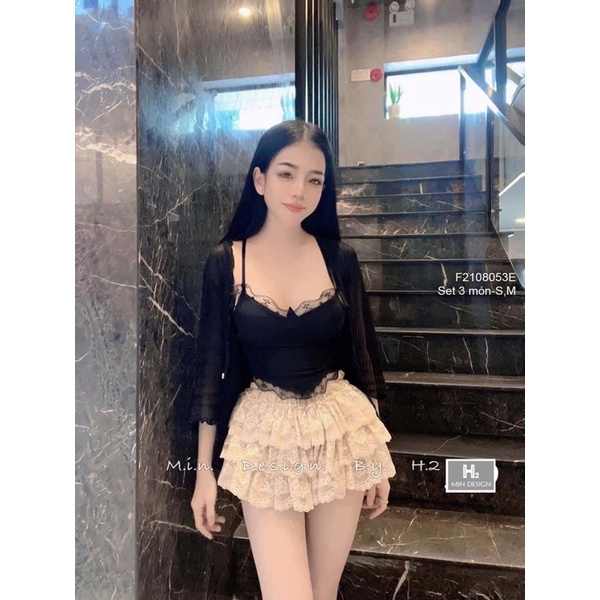 Set 3 món áo khoác ren lưới áo croptop dây kèm chân váy ren tầng lót quần
