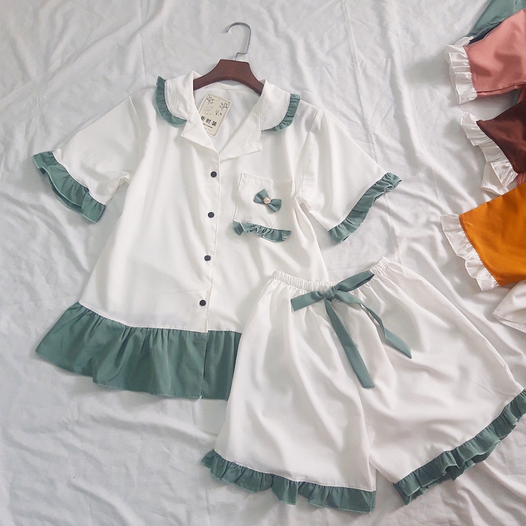 Set bộ pijama mặc nhà tiểu thư bèo đính nơ phối màu siêu dễ thương (5 màu freesize 40-58kg)