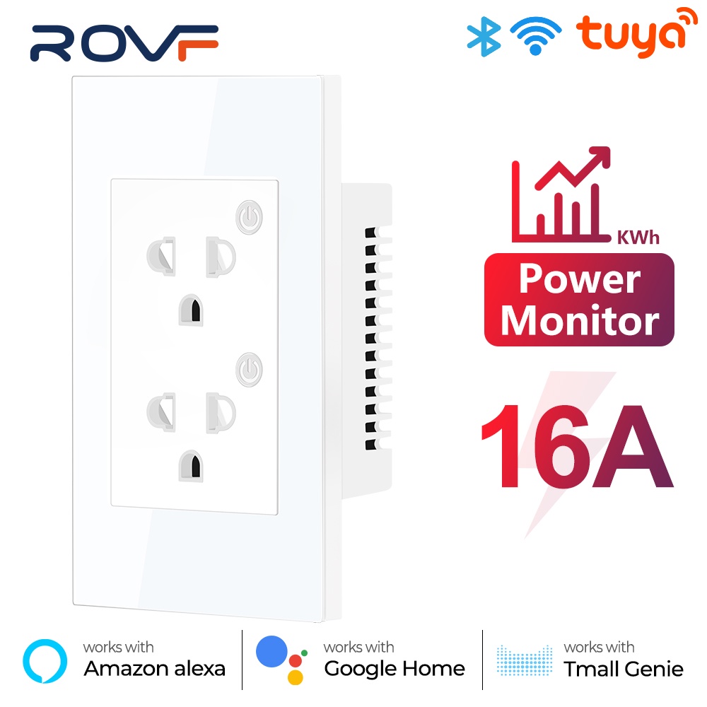 ROVF 16A Tuya WiFi Bluetooth US Ổ cắm điện thông minh Bộ điều hợp nguồn Màn hình điện Tường Công tắc điện Hẹn giờ bằng giọng nói cho Google Home Alexa