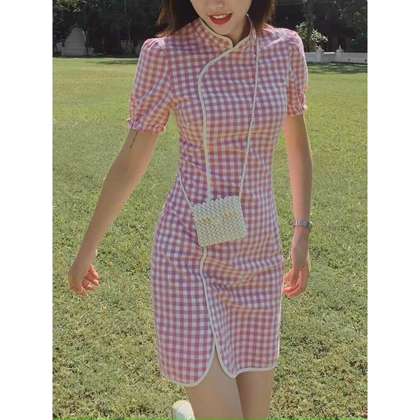 Đầm caro hồng cổ tàu , váy nữ cổ tàu siêu đẹp , váy nữ đi tiệc | BigBuy360 - bigbuy360.vn