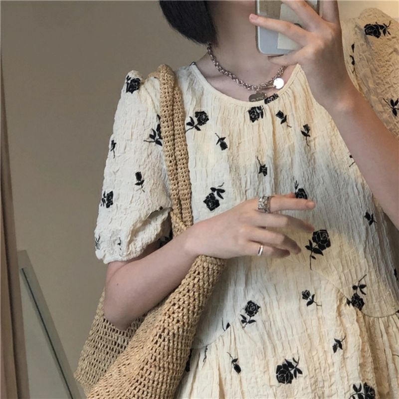 VÁY BABYDOLL HOA NHÍ TAY PHỒNG / ĐẦM DÁNG SUÔNG MÀU BE VINTAGE