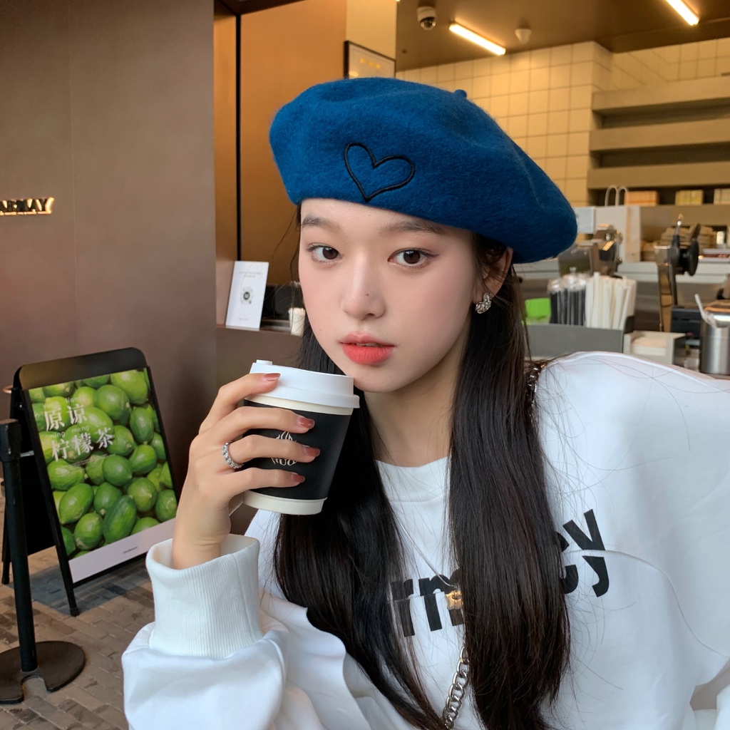 Nón Beret Len Thêu Hình Trái Tim Thời Trang Thu Đông Dành Cho Nữ