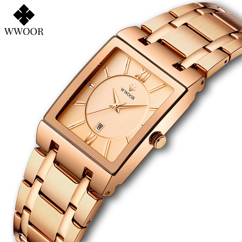 Wwoor Mới Đồng Hồ Nữ Mạ Vàng Hồng Thiết Kế Dáng Vuông Sang Trọng Montre Femme-8858