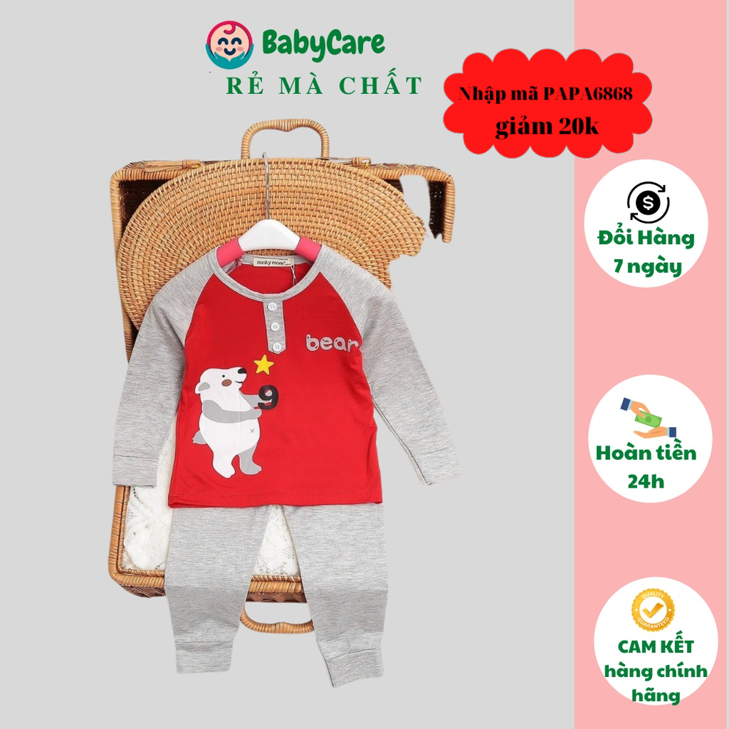 Bộ Dài Tay THUN LẠNH MINKY MOM Họa Tiết IN GẤU Cổ trụ Cho Bé, Bộ quần áo dài tay cho bé trai bé gái từ 5-18kg