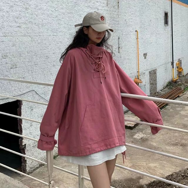 Áo hoodie kaki đan dây cổ dáng rộng oversize Ulzzang siêu xinh 😍