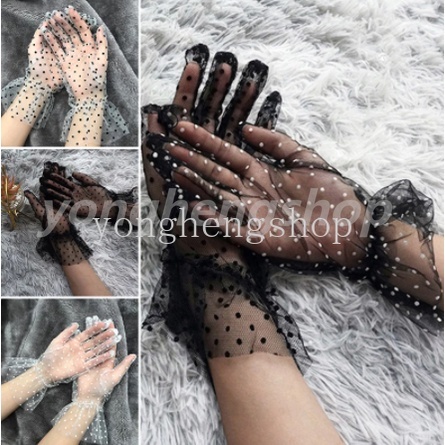 1 Đôi Găng Tay Ren Lưới Họa Tiết Chấm Bi Đen Trắng Dành Cho Cô Dâu
