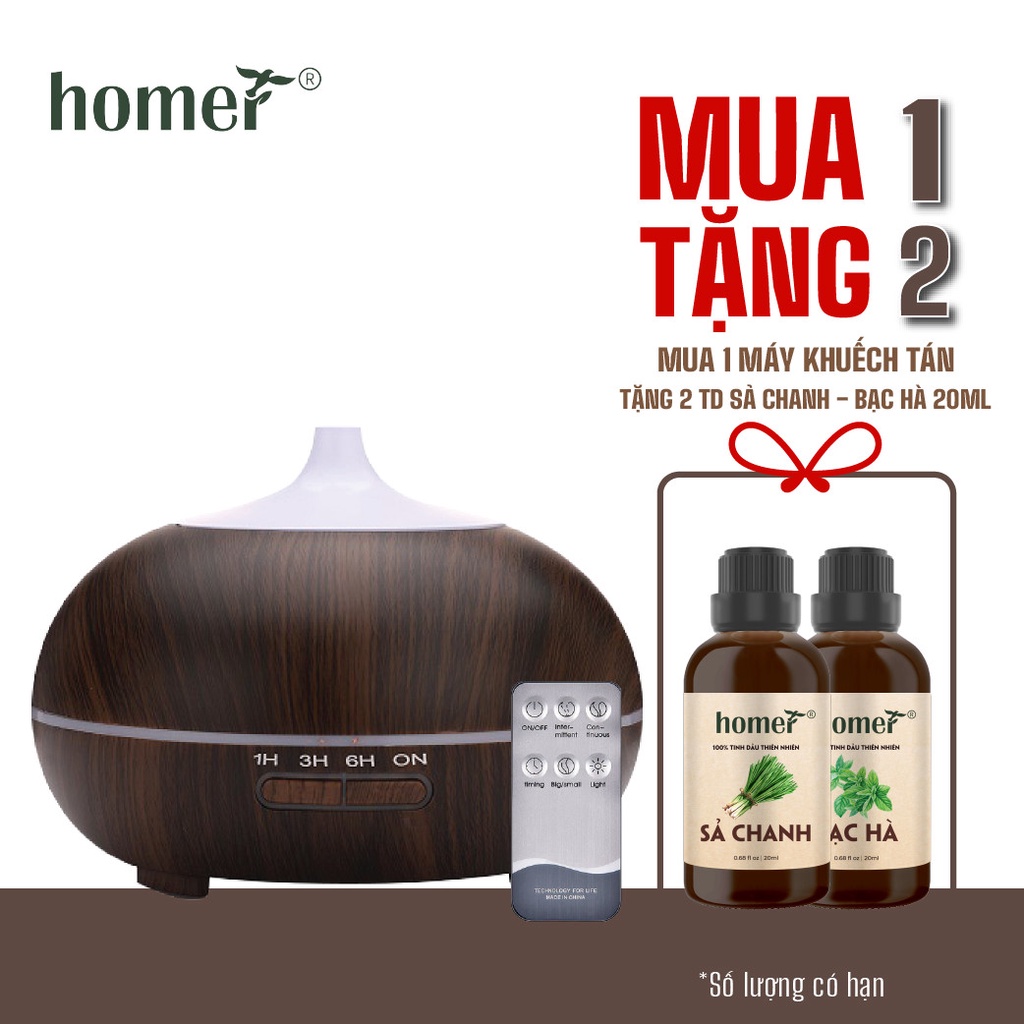 [BẢO HÀNH 3 THÁNG]  Máy xông tinh dầu Homer gỗ 550ml - hàng chính hãng, phun sương tạo ẩm, khuếch tán tinh dầu