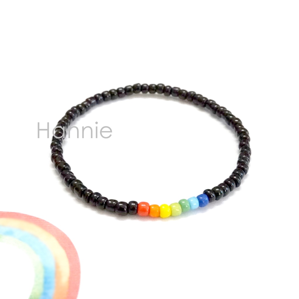 Set hạt cườm nhựa đen rainbow cầu vồng handmade - Combo vòng tay nhẫn dành cho nam nữ đơn giản