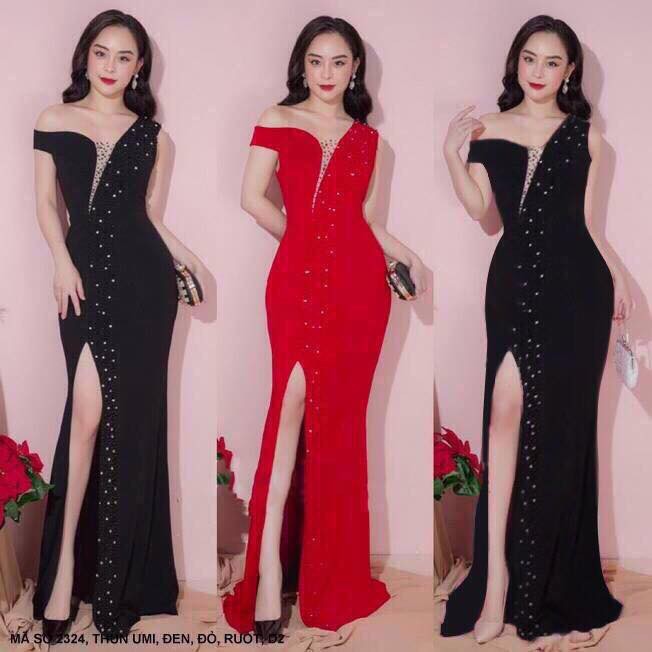 Đầm dạ hội trễ vai cườm sang trọng
