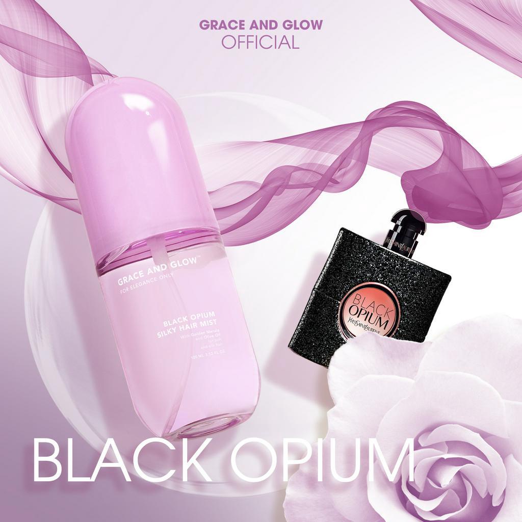 Xịt dưỡng tóc Grace & Glow Black Opium Silky Hair Mist Spray Soft and Silk hair with Golden Marula + Olive Oil