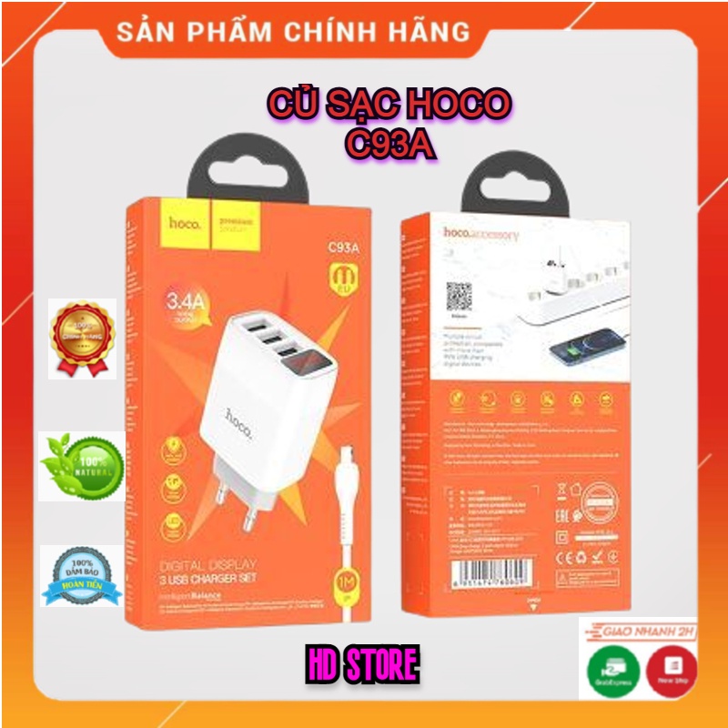 Bộ Củ Sạc Hoco C93A Với 3 Cổng USB, Đèn Led Hiển Thị Dòng Có Lựa Chọn Loại Dây Sạc Lightning, Micro, Type-C, Bộ Sạc Lẻ.