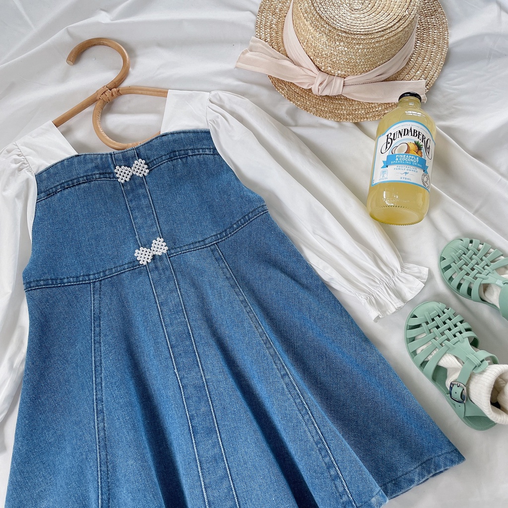 Đầm Denim Tay Phồng Xinh Xắn Theo Phong Cách Hàn Quốc Dành Cho Bé Gái