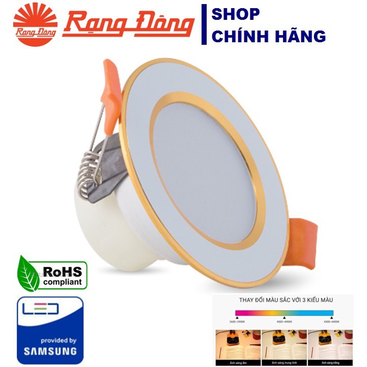 (Kho Cầu Giấy) Đèn LED âm trần đổi 3 màu 3W Rạng Đông, khoét lỗ 60, vỏ nhôm đúc - (Viền vàng/ viền bạc) - Bảo hành 2 năm