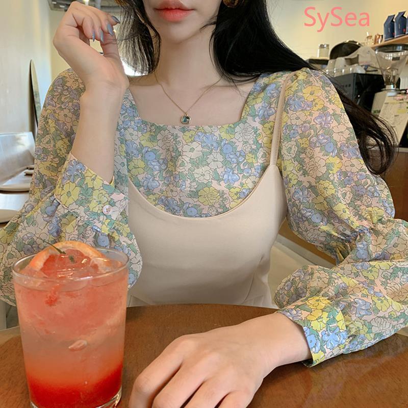 Áo chiffon dài tay họa tiết hoa phong cách thời trang hè ngọt ngào dịu dàng