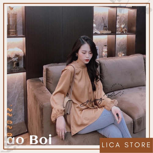 Áo sơ mi nữ lụa form rộng công sở kiểu tay phồng thắt nơ lưng hàng thiết kế cao cấp hottrend đẹp LICA - A32