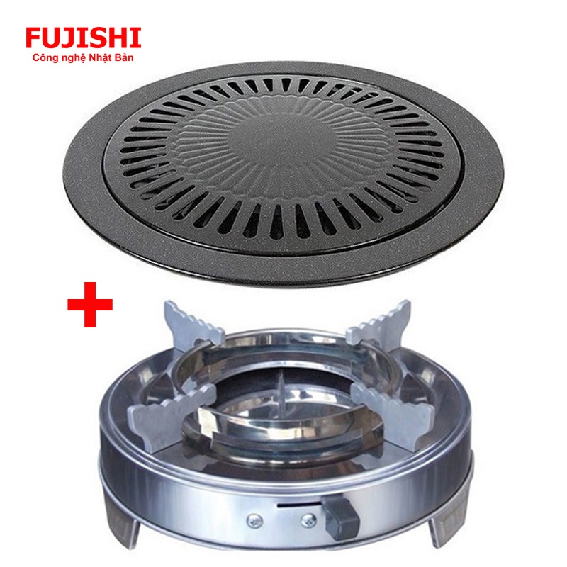COMBO Bếp cồn inox FUJISHI + Vỉ nướng tráng men chống dính -  - bếp lẩu cồn tròn mini + Vỉ nướng
