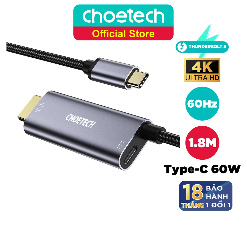 Dây Cáp Chuyển Đổi Type C To HDMI 4K 60Hz CHOETECH XCH-M180 Dây Nylon Dài 1.8M, Tương Thích Thunderbolt 3 Macbook