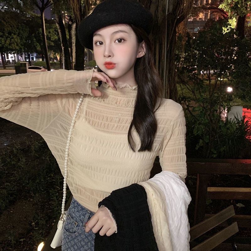 Áo thun tay dài cổ lọ phối ren thời trang xuân thu mới cho nữ 2021