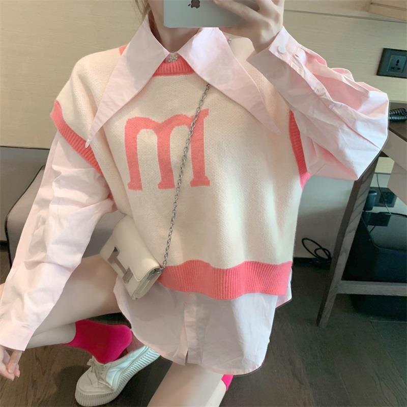 Set áo sơ mi tay dài/áo len không tay dáng rộng phong cách Hàn Quốc thời trang xuân thu | BigBuy360 - bigbuy360.vn