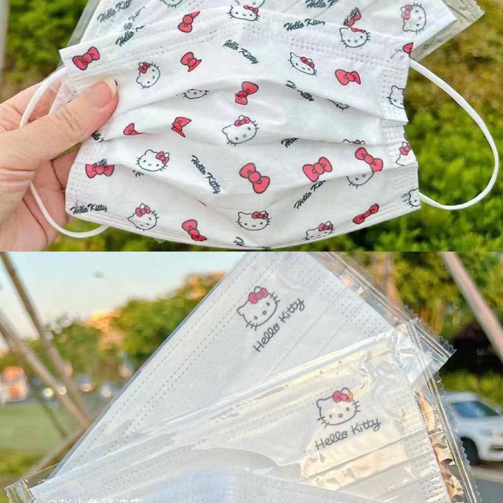 Set 50 Khẩu Trang 3 Lớp Hình Hello Kitty Dễ Thương Cho Nữ