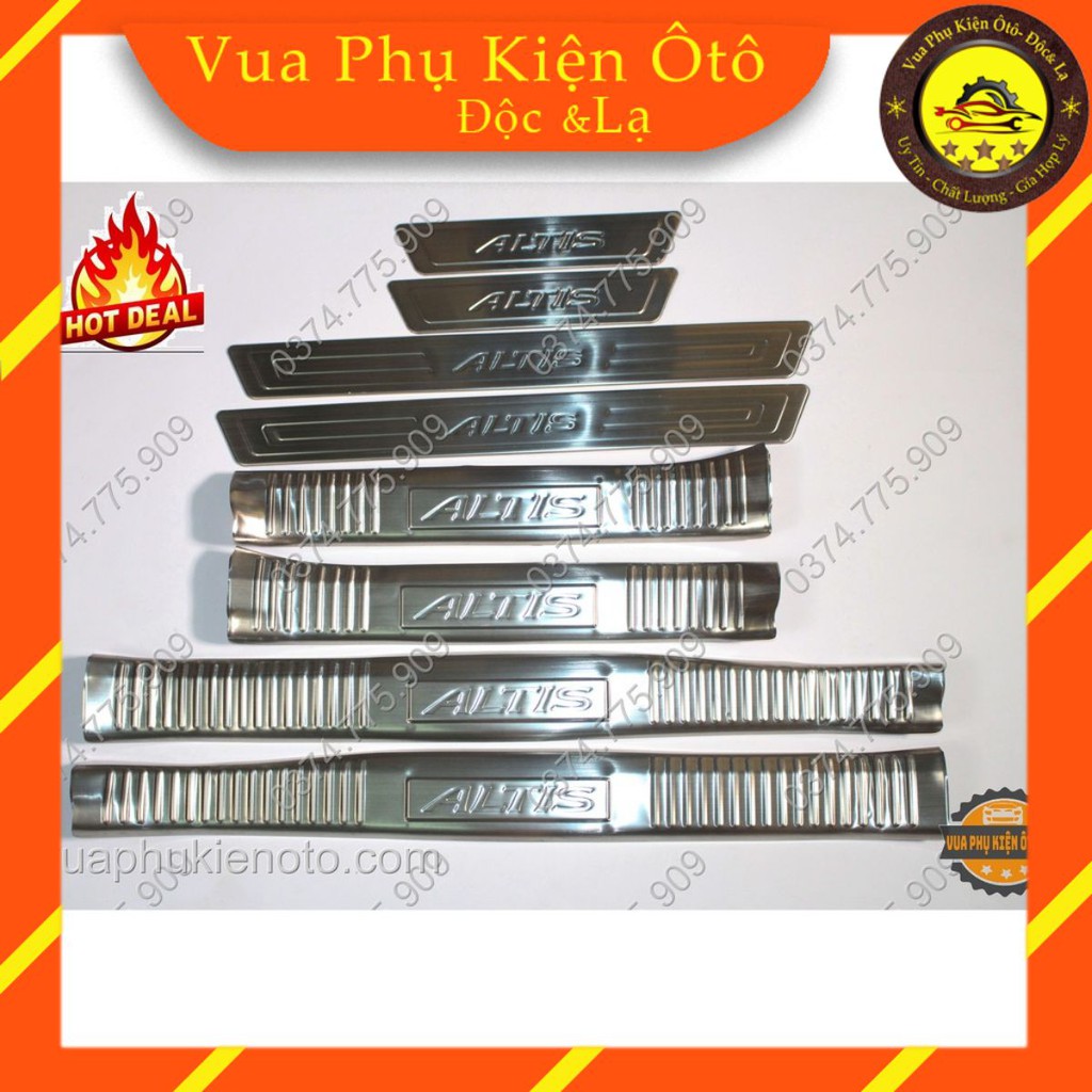 (TẶNG THÊM 2 cuộn băng keo 3M) Ốp bậc cửa Altis 2014- 2020 -Bộ 8 miếng inox trong ngoài